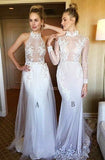 Two High Neck White Lace Sweep Long Sleeves Prom Dress With Appliques TP0088