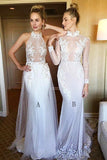 Two High Neck White Lace Sweep Long Sleeves Prom Dress With Appliques TP0088 - Tirdress