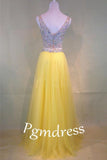 Two-Piece Beaded Sleeveless V-Neck Tulle Yellow Prom Dresses PG380 - Tirdress