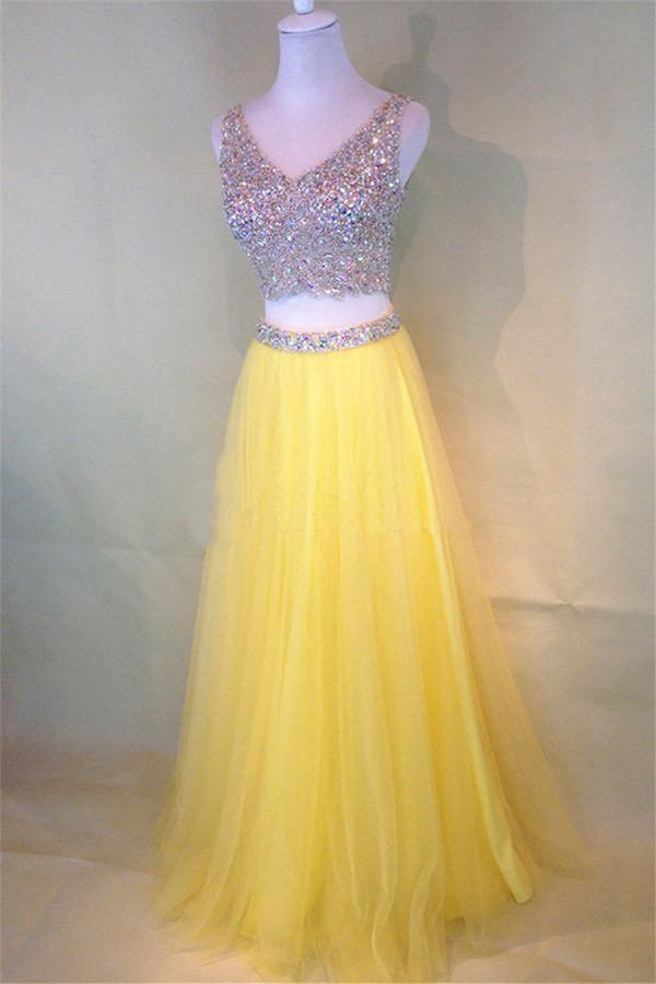 Two-Piece Beaded Sleeveless V-Neck Tulle Yellow Prom Dresses PG380 - Tirdress