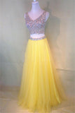 Two-Piece Beaded Sleeveless V-Neck Tulle Yellow Prom Dresses PG380