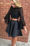 Two Piece Black Long Sleeve Lace Homecoming Dress Party Dress PG187 - Tirdress