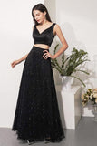 Zweiteilige schwarze lange Ballkleider mit V-Ausschnitt, Abendpartykleider, Abendkleid TP0951