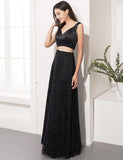 Two Piece Black long Prom Dresses V Neck Evening Party Dresses Evening Dress TP0951 - Tirdress