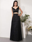 Two Piece Black long Prom Dresses V Neck Evening Party Dresses Evening Dress TP0951 - Tirdress