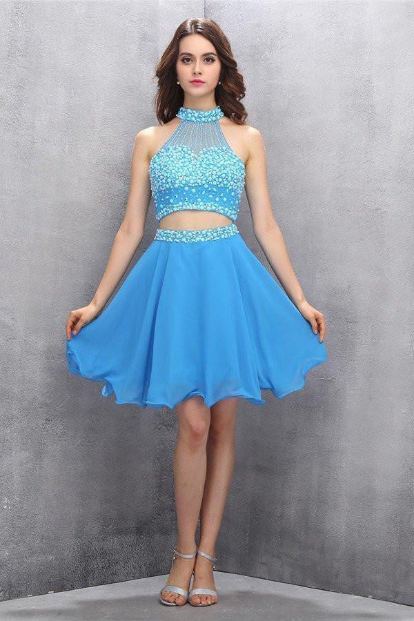 Two Piece Chiffon Blue Beading Homecoming Dress Short Prom Dress Custom Size / As Picture Two Piece Chiffon Blue Beading Homecoming Dress Short Prom Dress Custom Size / As Picture