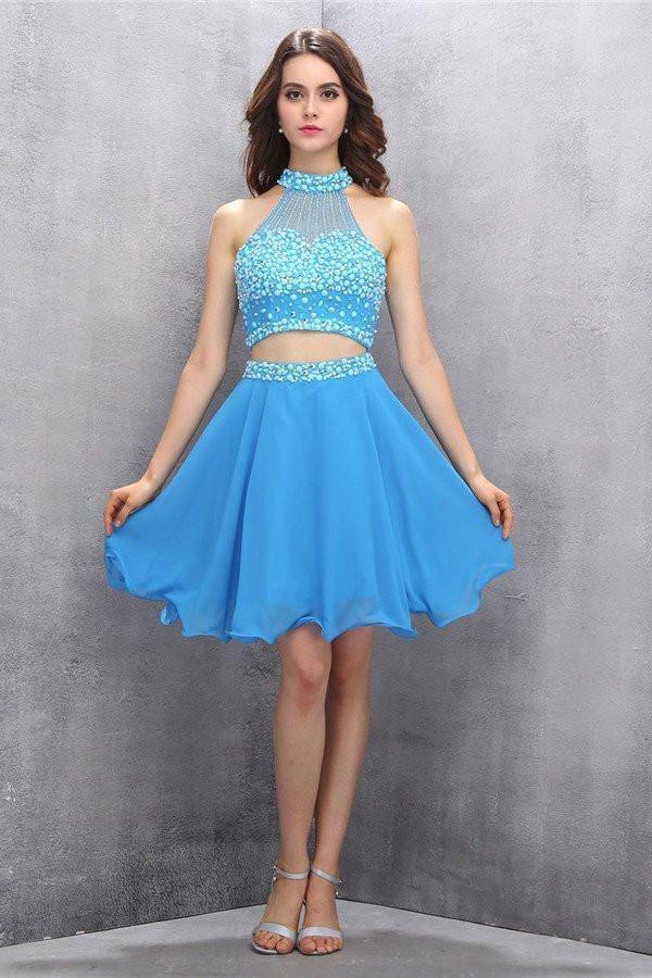 Two Piece Chiffon Blue Beading Homecoming Dress Short Prom Dresses PG002 - Tirdress