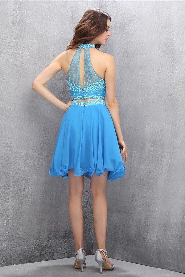 Two Piece Chiffon Blue Beading Homecoming Dress Short Prom Dresses PG002 - Tirdress