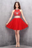 Two Piece Chiffon Red Homecoming Dress with Beading PG005