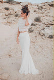 Zweiteiliges, kurzärmliges, weißes Meerjungfrau-Hochzeitskleid mit Spitze und Rundhalsausschnitt TN153 
