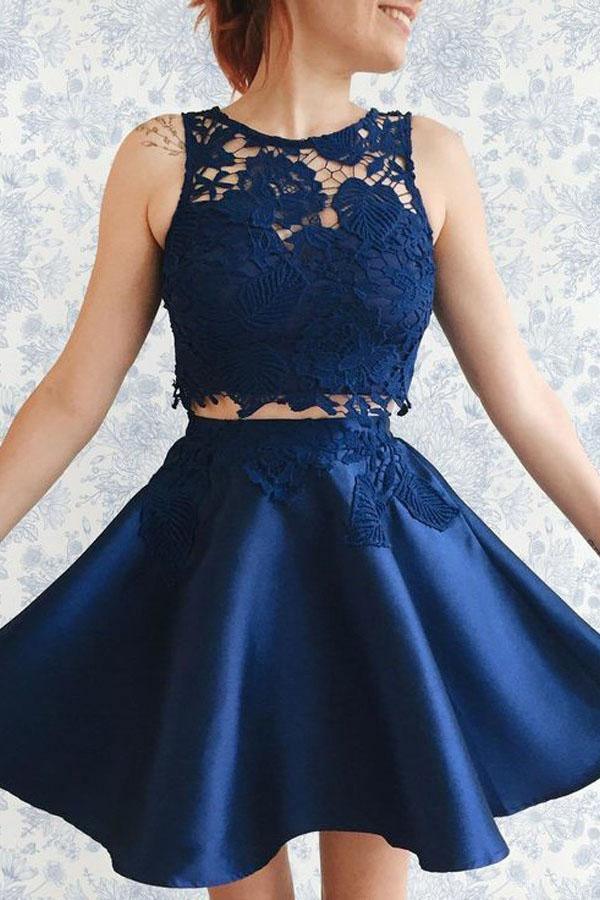 Two Piece Dark Blue Satin Homecoming Dress with Lace Appliques US0 / As Picture Two Piece Dark Blue Satin Homecoming Dress with Lace Appliques US0 / As Picture