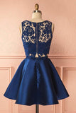 Two Piece Dark Blue Satin Homecoming Dress with Lace Appliques PG157 - Tirdress