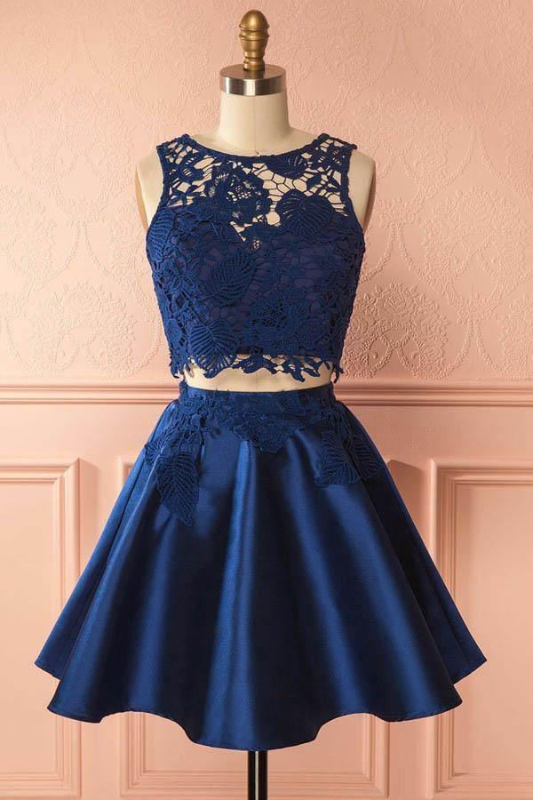 Two Piece Dark Blue Satin Homecoming Dress with Lace Appliques PG157 - Tirdress