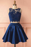 Two Piece Dark Blue Satin Homecoming Dress with Lace Appliques PG157 - Tirdress