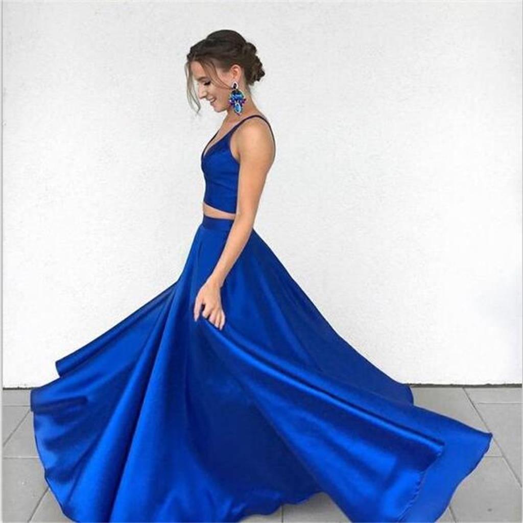 Two Piece Deep V-Neck Royal Blue Satin Prom Dress Evening Dress PG486 - Tirdress