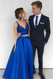 Two Piece Deep V-Neck Royal Blue Satin Prom Dress Evening Dress PG486 - Tirdress