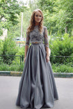 Two Piece Floor-Length 3/4 Sleeves Grey Stretch Satin Prom Dress With Lace TP0072
