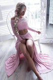 Two Piece Floor-length Pink Chiffon Long Sleeves Split-side Prom Dress TP0094