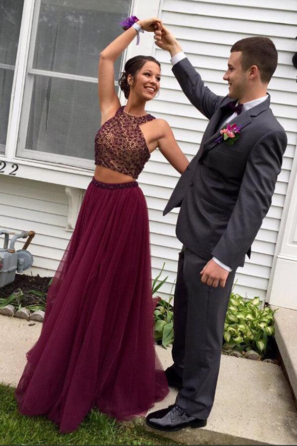 Two Piece Halter Burgundy Tulle Open Back Beaded Prom Dress TP0096 - Tirdress