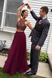 Two Piece Halter Burgundy Tulle Open Back Beaded Prom Dress TP0096 - Tirdress