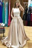 Two Piece Halter Sweep Train Prom Dress with Appliques Pockets PG408