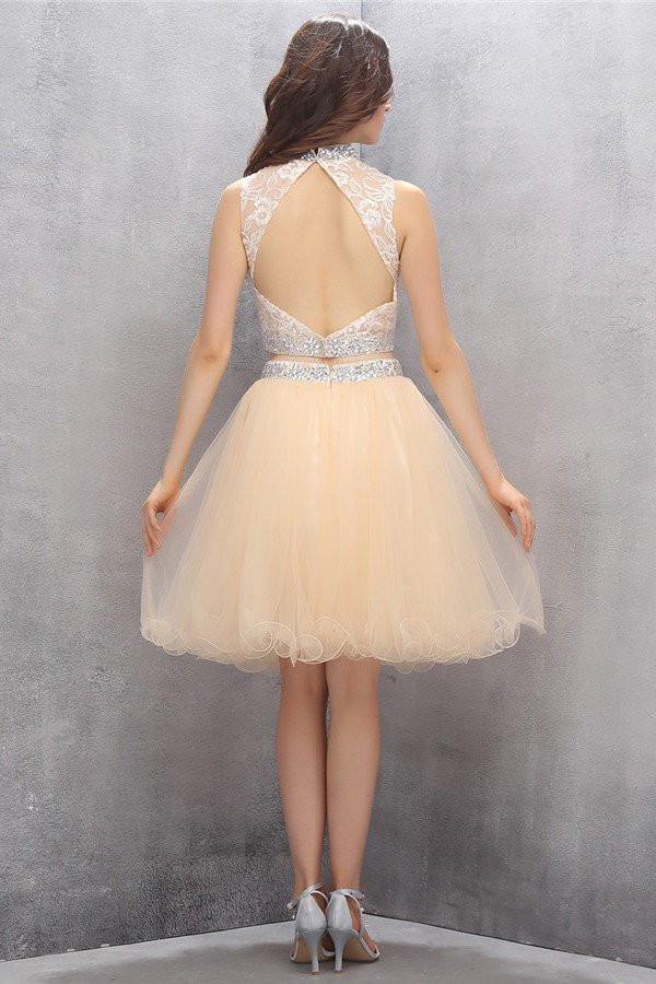 Two Piece High Neck Tulle Homecoming Dresses with Beading US10 / Custom Color Two Piece High Neck Tulle Homecoming Dresses with Beading US10 / Custom Color