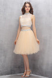 Two Piece High Neck Tulle Homecoming Dresses with Beading PG010