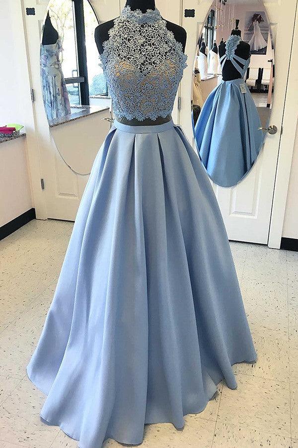 Two Piece High Satin Floor-length Criss-cross Straps Appliques Prom Dress TP0018 - Tirdress