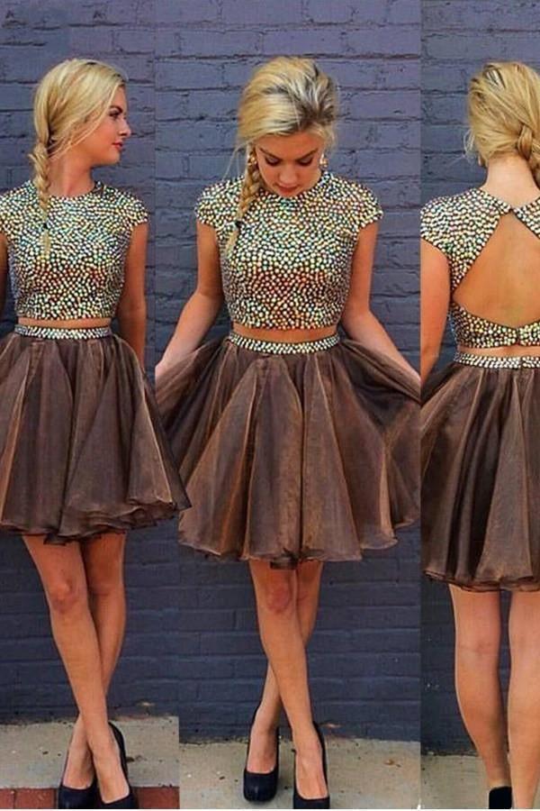 Two Piece Jewel Cap Sleeves Short Homecoming Dress with Beading PG102 - Tirdress