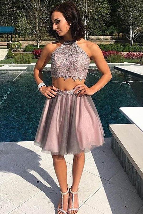 Two Piece Knee-Length Backless Grey Organza Homecoming Dress With Lace US0 / Custom Color Two Piece Knee-Length Backless Grey Organza Homecoming Dress With Lace US0 / Custom Color