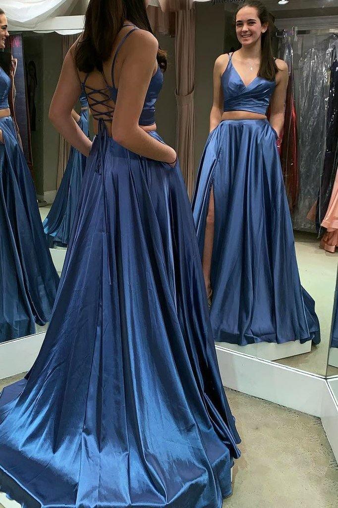 Two Piece Lace Up Blue Long Prom Dress with Slit TP0890 - Tirdress