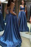 Two Piece Lace Up Blue Long Prom Dress with Slit TP0890 - Tirdress