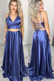 Two Piece Lace Up Blue Long Prom Dress with Slit TP0890