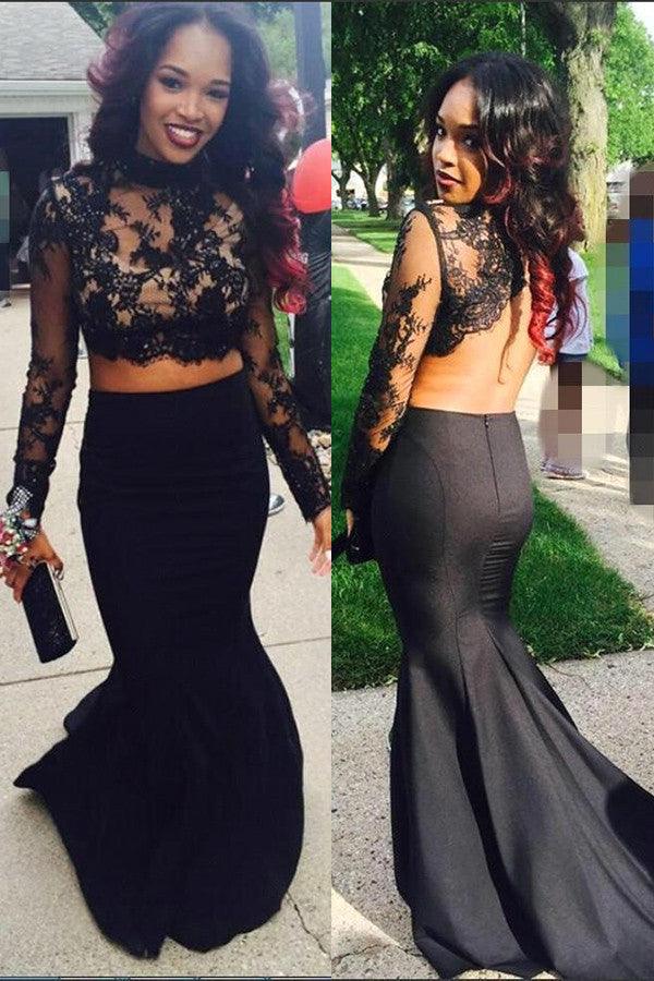 Two Piece Long Sleeves Black Stretch Satin Prom Dress With Appliques TP0070 - Tirdress