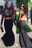 Two Piece Long Sleeves Black Stretch Satin Prom Dress With Appliques TP0070