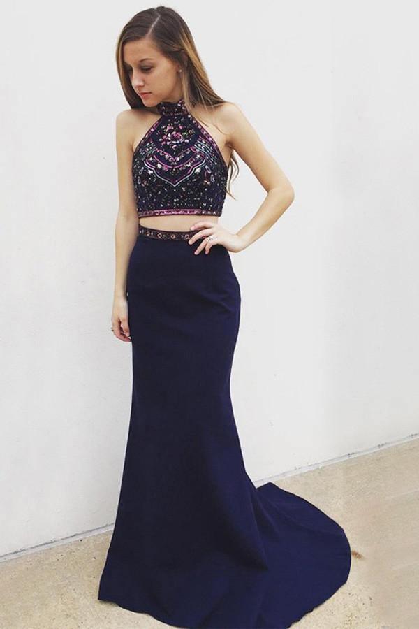 Two Piece Mermaid Halter Long Navy Blue Prom Dress With Beading PG372 - Tirdress