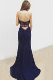 Two Piece Mermaid Halter Long Navy Blue Prom Dress With Beading PG372 - Tirdress