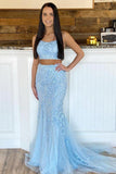 Two Piece Mermaid Scoop Neck Light Blue Lace Prom Dresses TP1072
