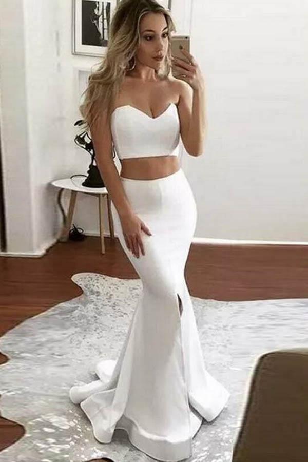 Two Piece Mermaid Sweetheart Sweep Train Ivory Prom Dress with Split PG428 - Tirdress