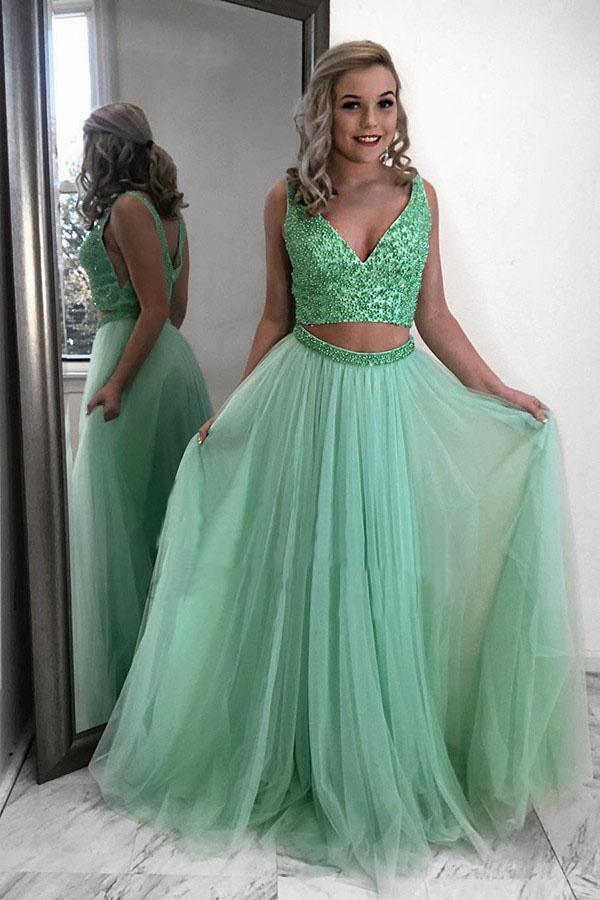 Two Piece Mint Green Chiffon Beading Prom Dress Party Dress TP0910 US2 / Green