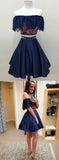 Two Piece Off the Shoulder Floral Satin Dark Blue Homecoming Dresses HD0006 - Tirdress