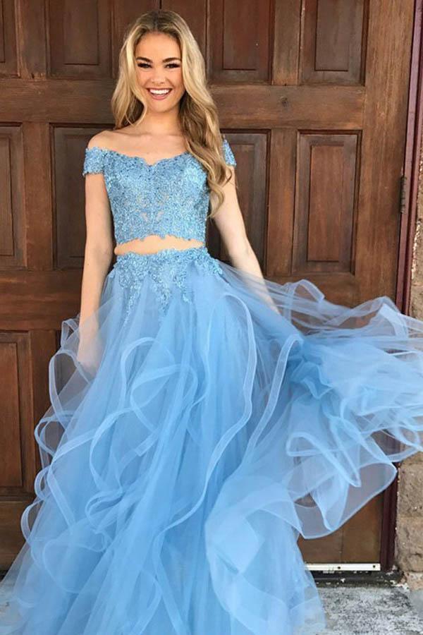 Two Piece Off The Shoulder Sky Blue Organza Prom Dress with Appliques PG451 - Tirdress