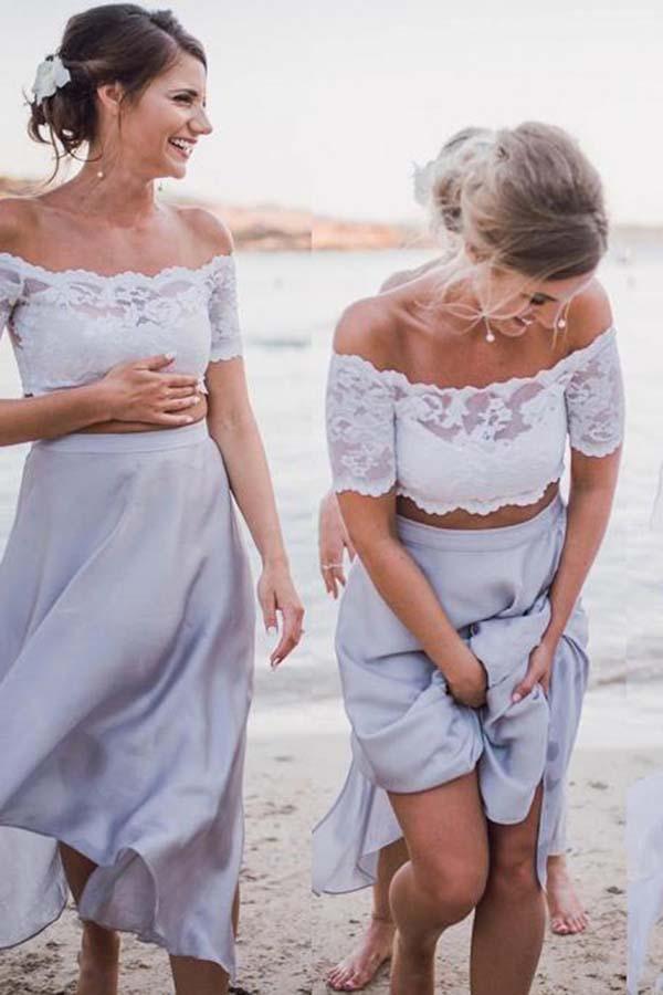 Two Piece Off-the-Shoulder Grey Chiffon Bridesmaid Dress with Lace BD051 - Tirdress