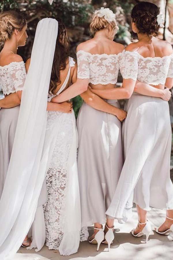 Two Piece Off-the-Shoulder Grey Chiffon Bridesmaid Dress with Lace BD051 - Tirdress