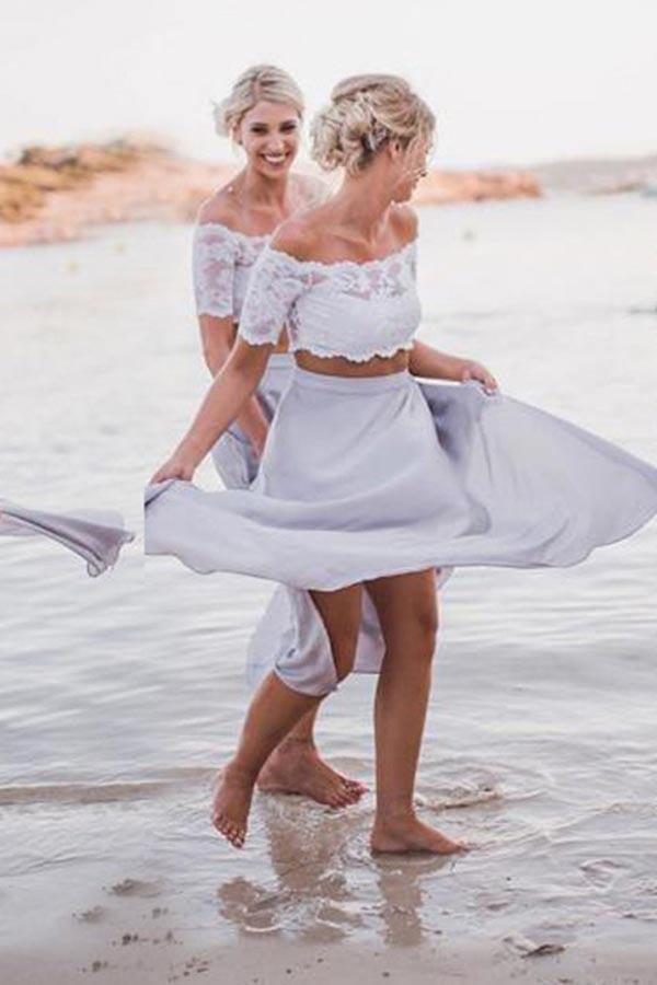 Two Piece Off-the-Shoulder Grey Chiffon Bridesmaid Dress with Lace BD051 - Tirdress