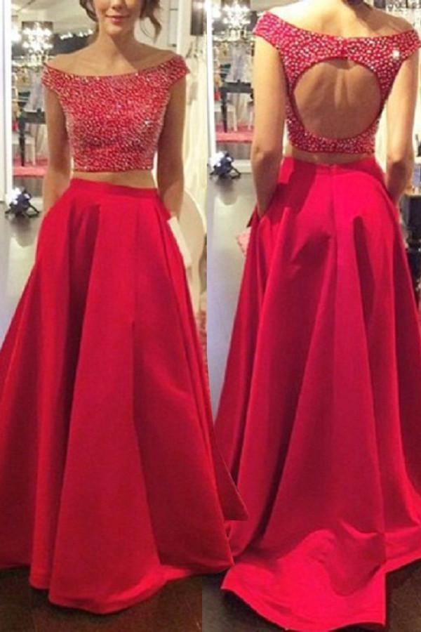 Two Piece Off-the-Shoulder Open Back Prom Dresses With Beading PG313 - Tirdress