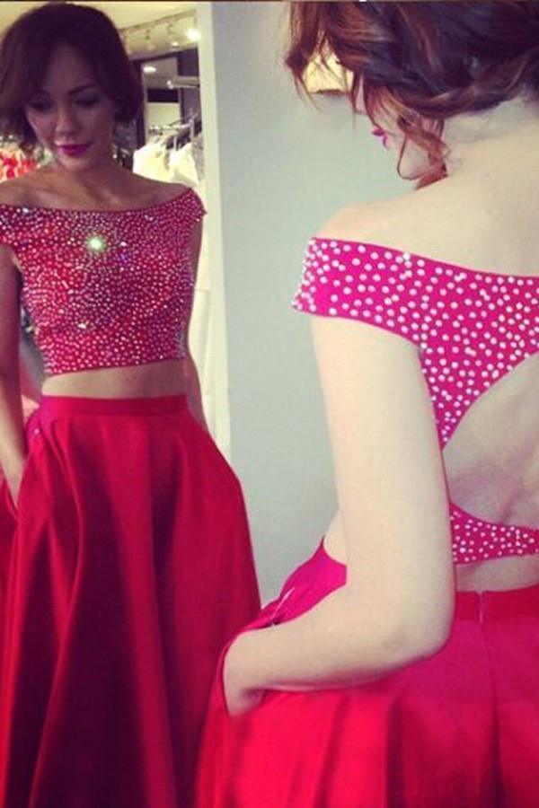 Two Piece Off-the-Shoulder Open Back Prom Dresses With Beading PG313 - Tirdress