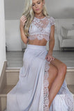 Two Piece Round Neck Light Gray Chiffon Prom Dress with Lace Split PG423 - Tirdress