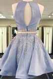 Two Piece Round Neck Light Sky Blue Beaded Satin Homecoming Dress PG188 - Tirdress