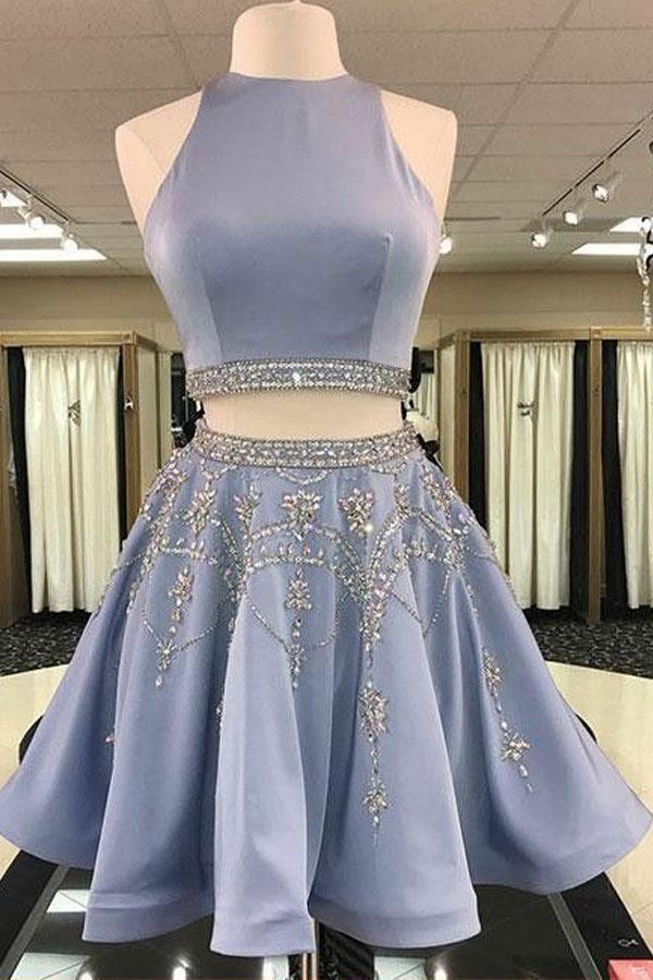 Two Piece Round Neck Light Sky Blue Beaded Satin Homecoming Dress PG188 - Tirdress